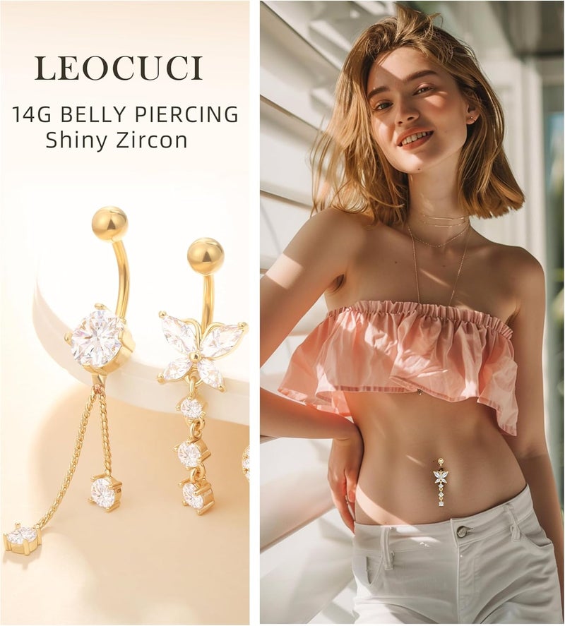 Leocuci Store Surgical Stainless Steel Dangle Belly Button Rings for Women Belly Ring Dangling Piercing Jewelry with Heart Flower Butterfly14G - Image 3
